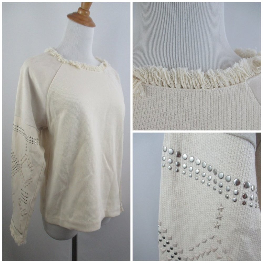 NWT ZARA Beige Embellished Dolman Sleeve Fringe Collar Mixed Fabric Shirt